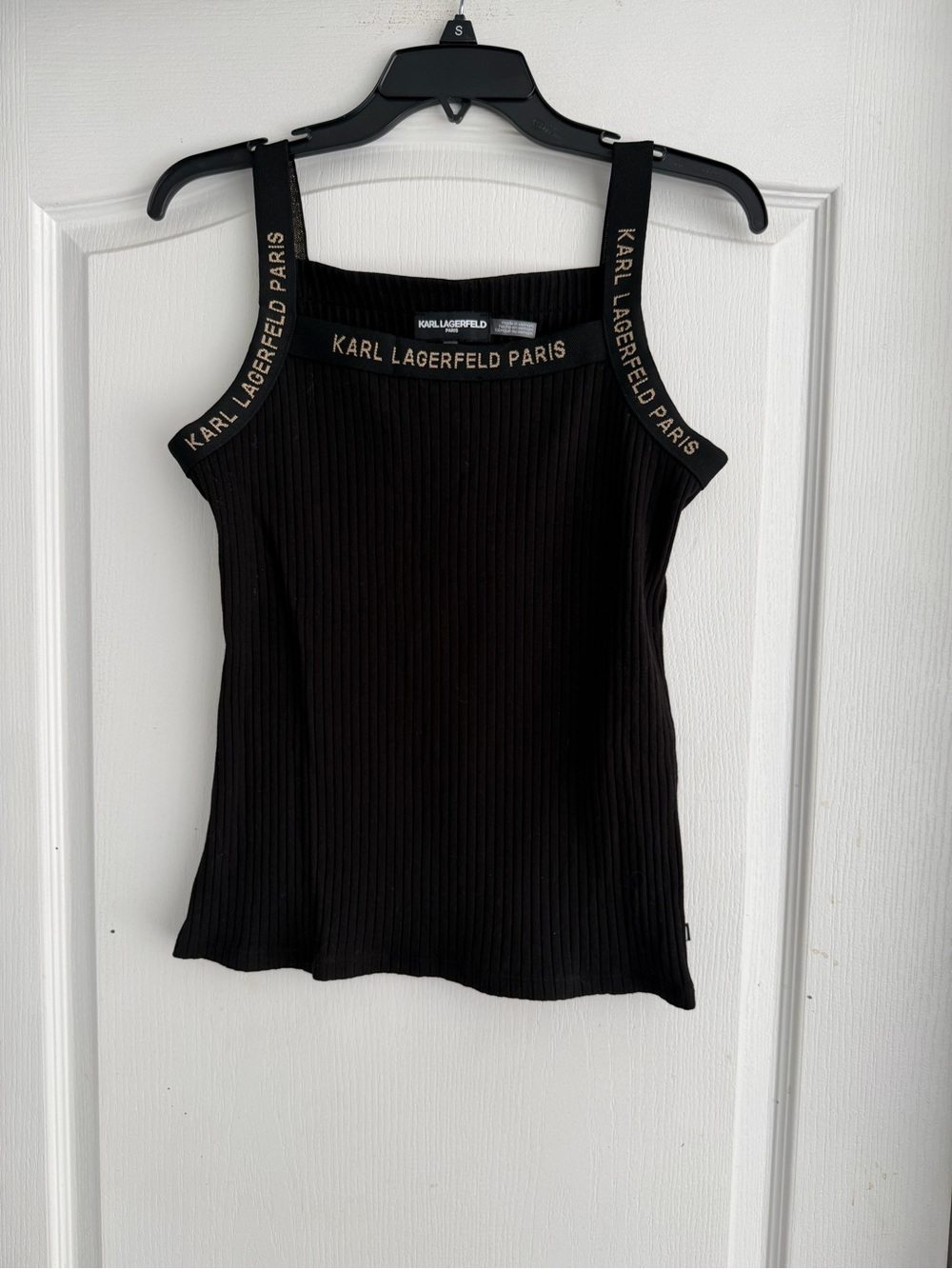 Karl Lagerfeld Black Ribbed Tank with Logo Straps